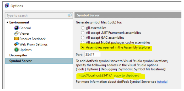 Configure the dotPeek symbol server.