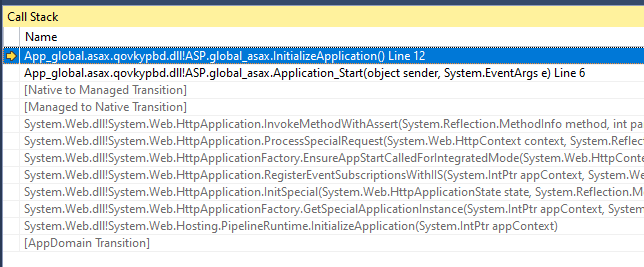 Application_Start event is called from InitializeApplication, without any request context. IIS calls into Application_Start via a special InitializeApplication pathway