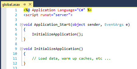Place your application start code in Application_Start in global.asax. Application_Start code for application initialization