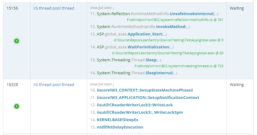 LeanSentry hang diagnostic showing the stack trace of IIS thread blockage
