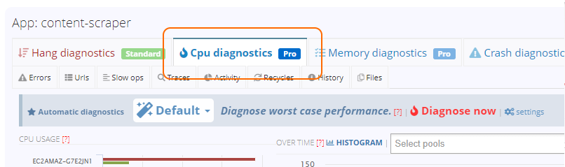 Select the CPU Diagnostics tab to view high cpu incidents. The CPU Diagnostics tab